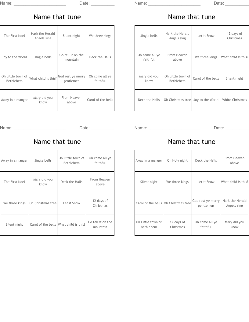 Name that tune Bingo Cards