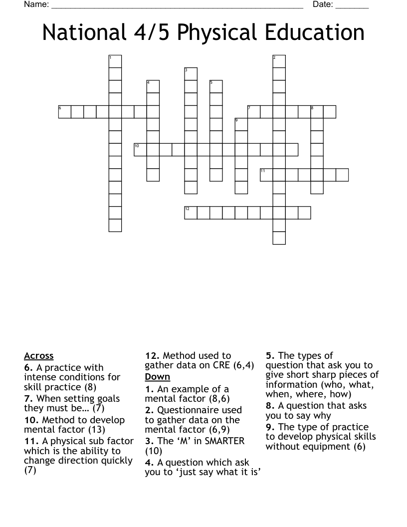 National 4/5 Physical Education Crossword