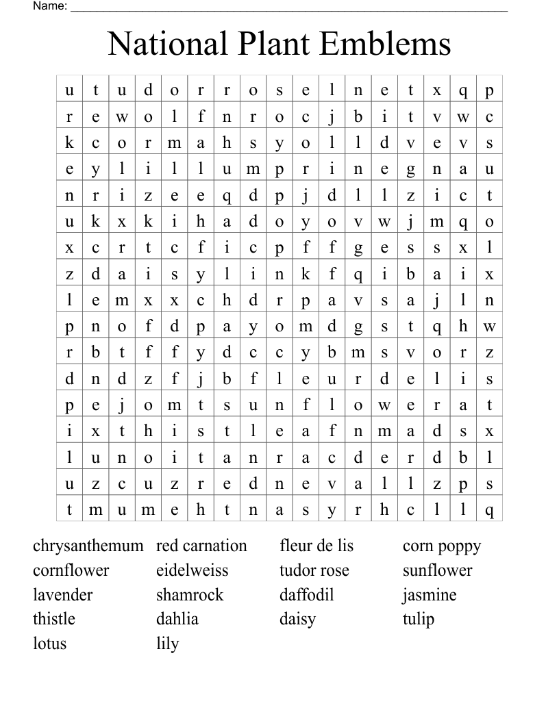 National Plant Emblems Word Search