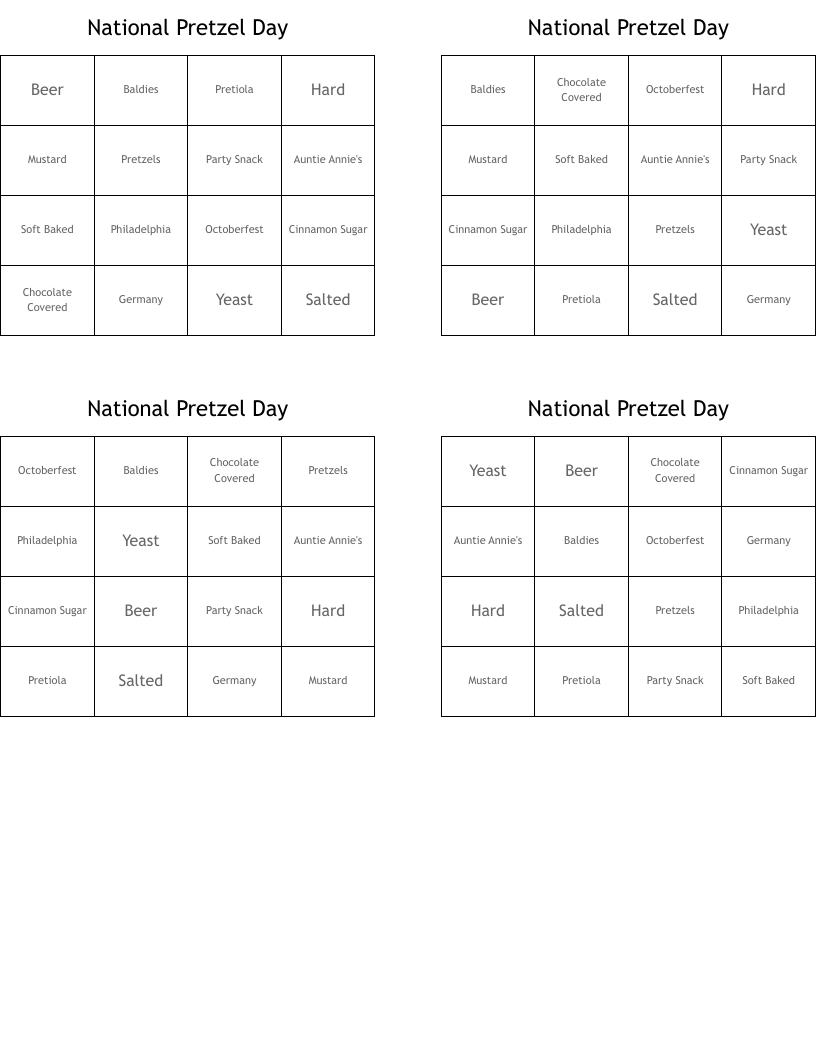 National Pretzel Day Bingo Cards