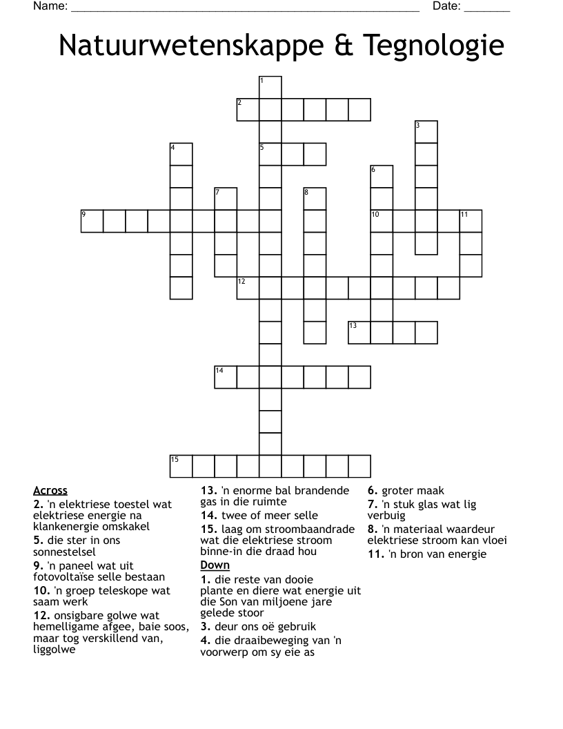 Natuurwetenskappe & Tegnologie Crossword