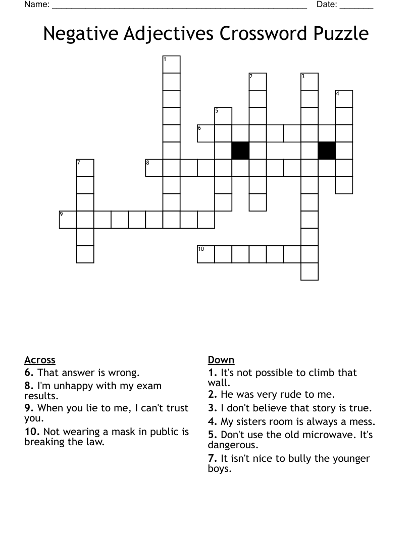 Negative Adjectives Crossword Puzzle