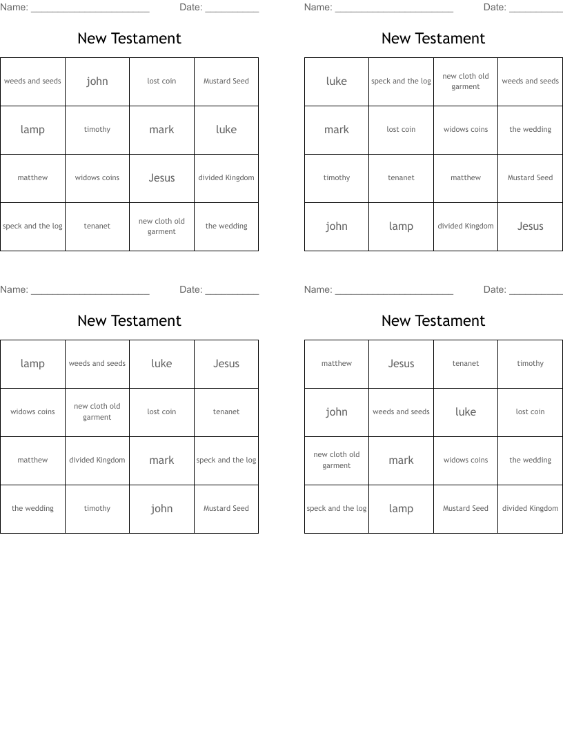 New Testament Bingo Cards