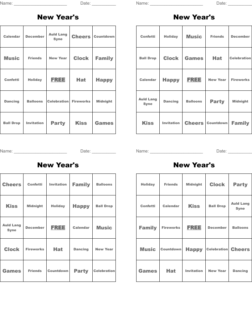 New Year's Bingo Cards