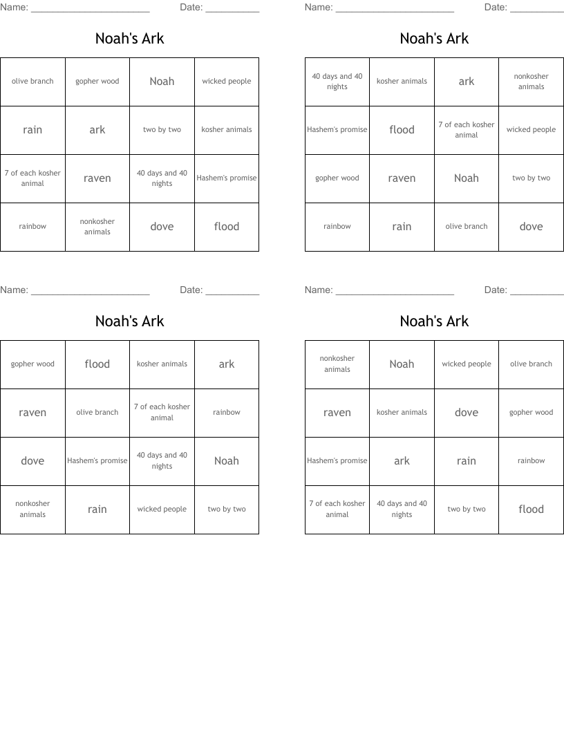 Noah's Ark Bingo Cards
