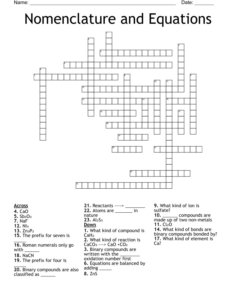 Nomenclature and Equations Crossword