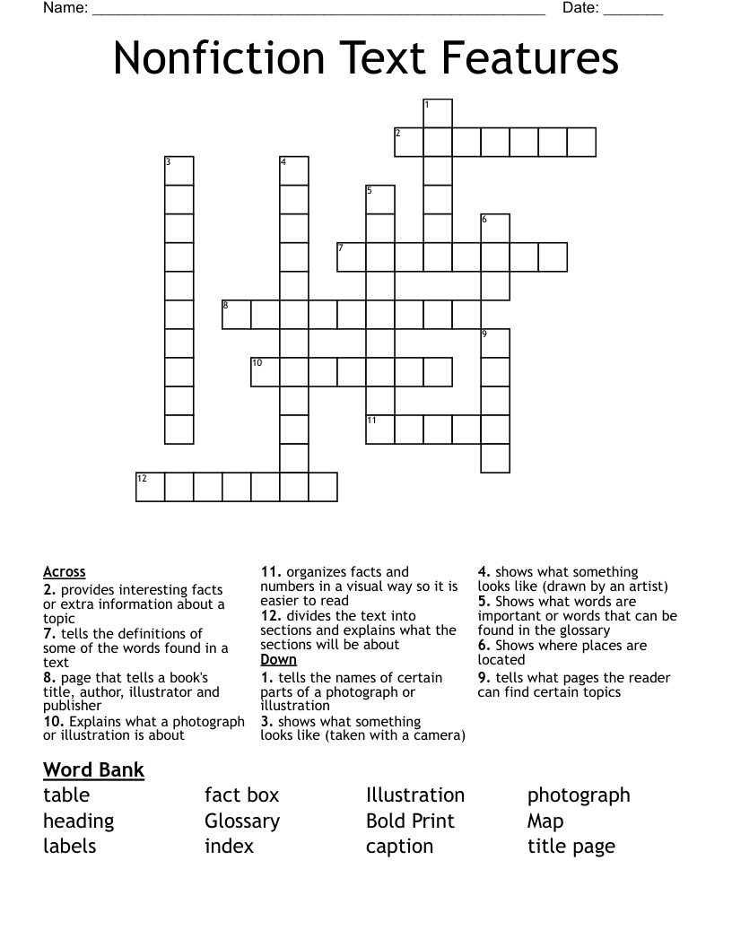Nonfiction Text Features Crossword