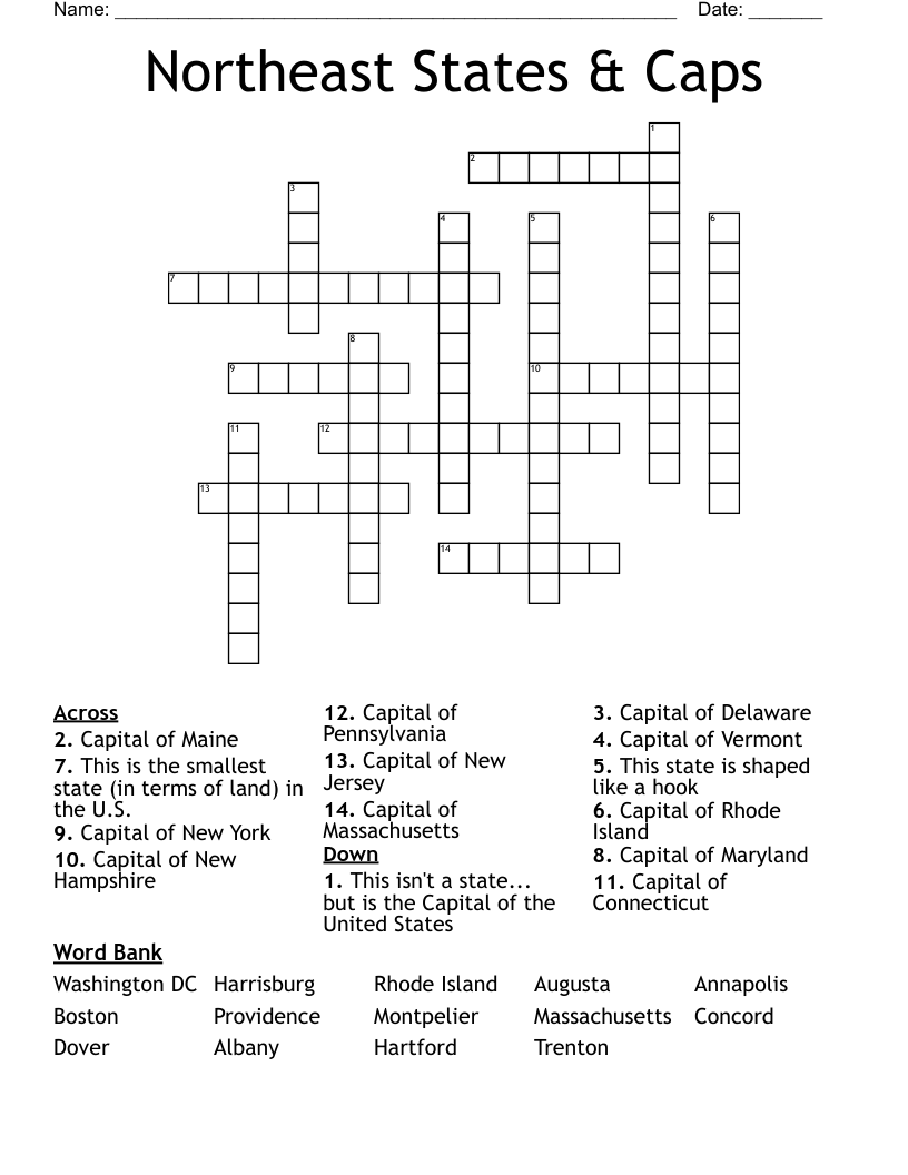 Northeast States & Caps Crossword