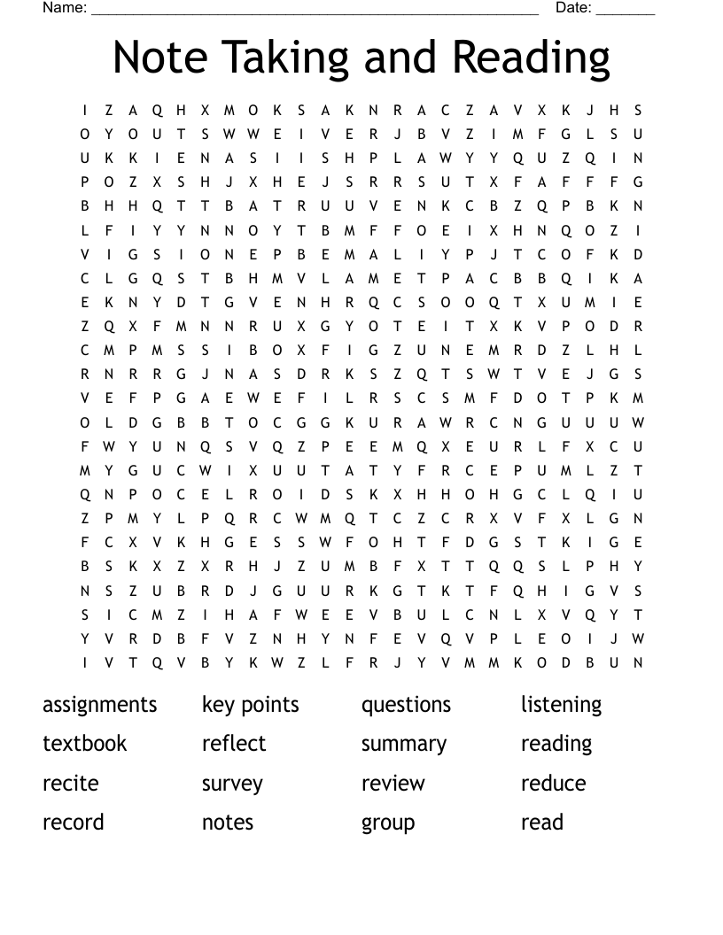 Note Taking and Reading Word Search