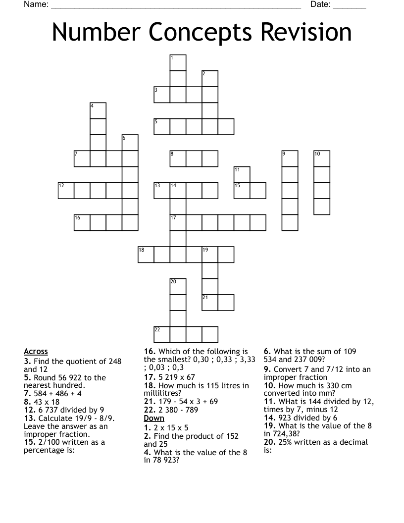 Number Concepts Revision Crossword