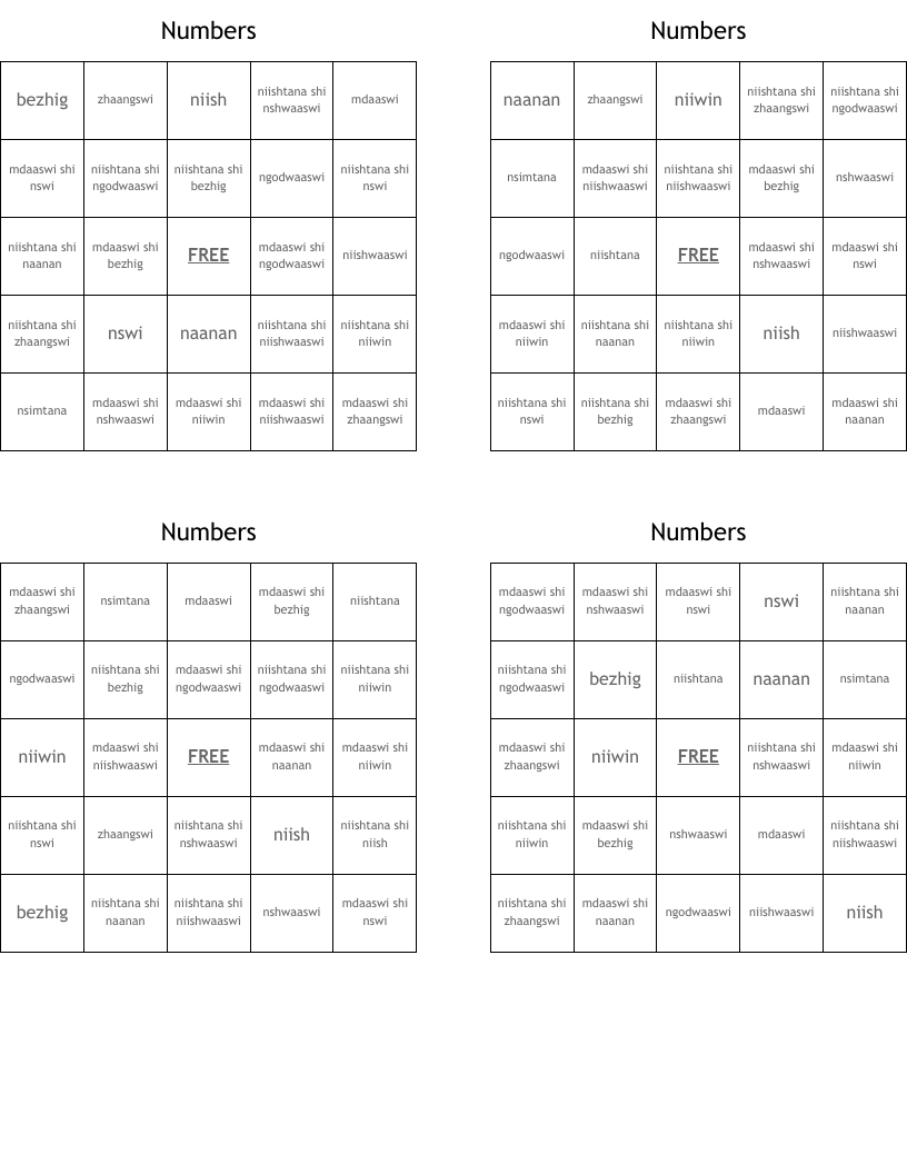 Numbers Bingo Cards