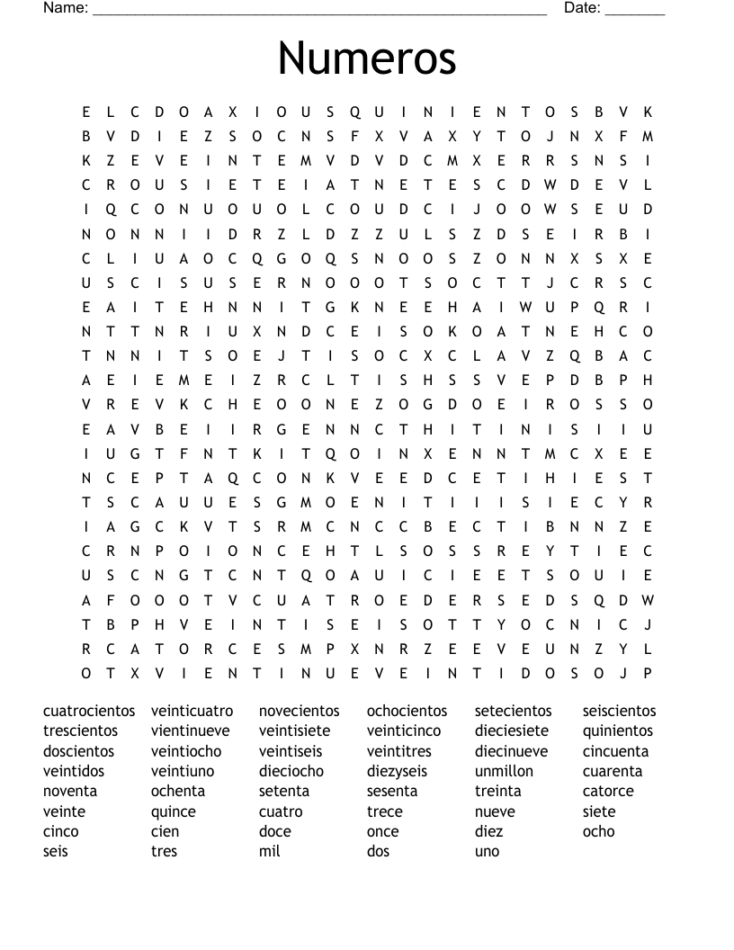 Numeros Word Search