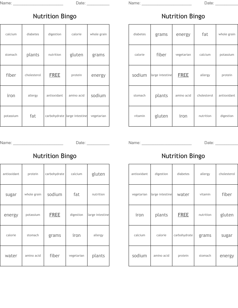 Nutrition Bingo