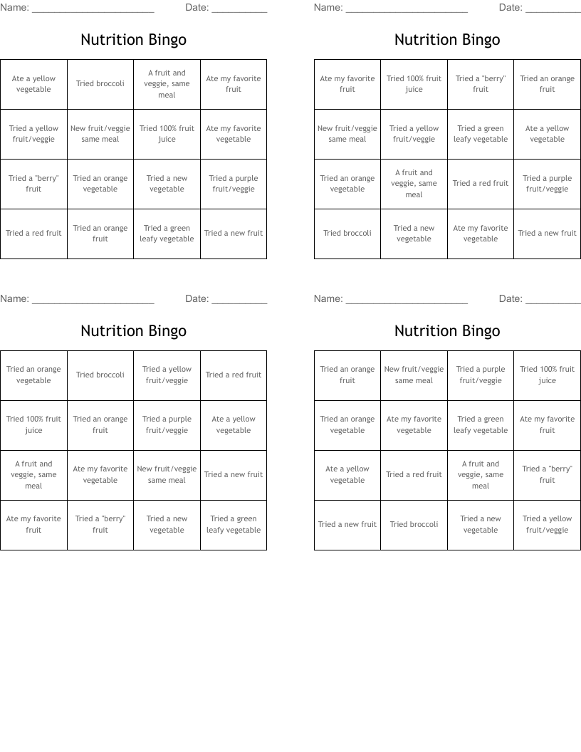 Nutrition Bingo