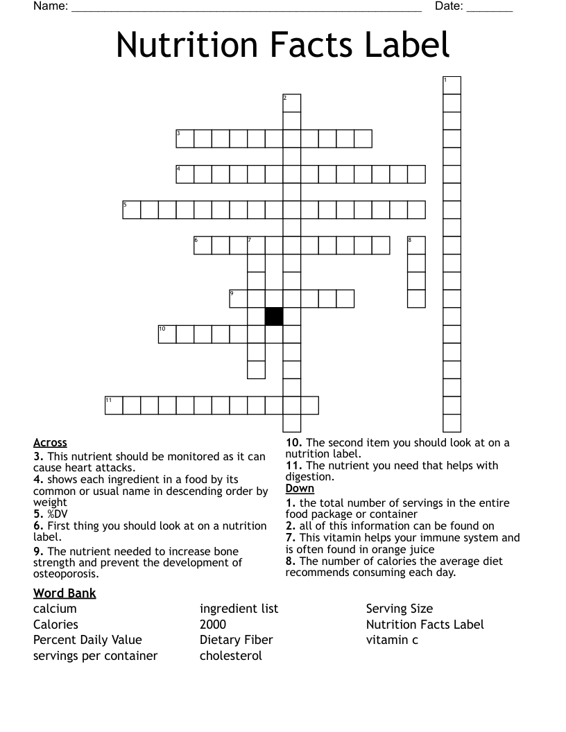Nutrition Facts Label Crossword