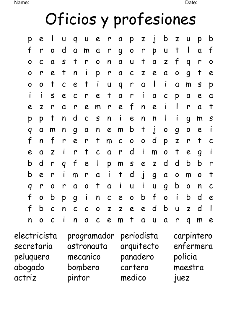  Oficios y profesiones Word Search