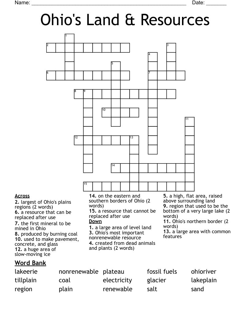 Ohio's Land & Resources Crossword