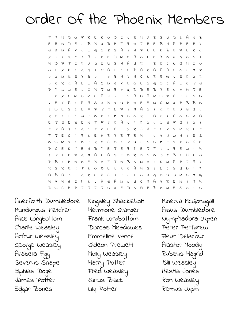 Order Of the Phoenix Members Word Search
