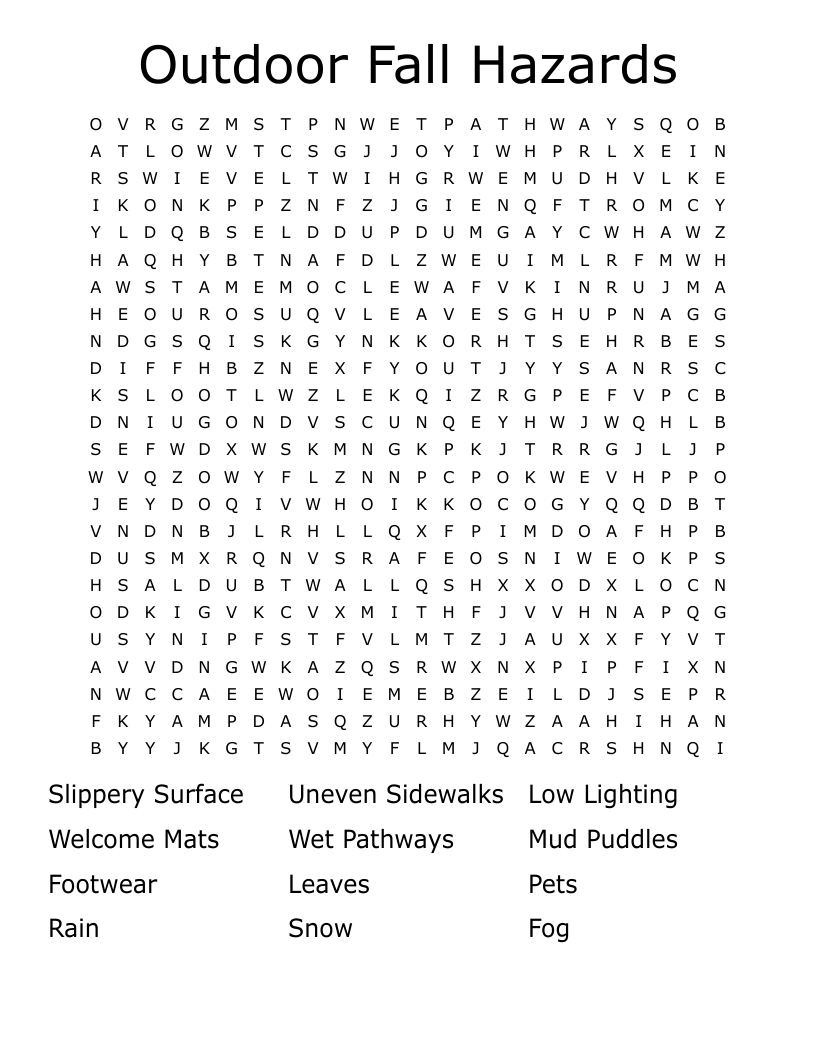 Outdoor Fall Hazards Word Search