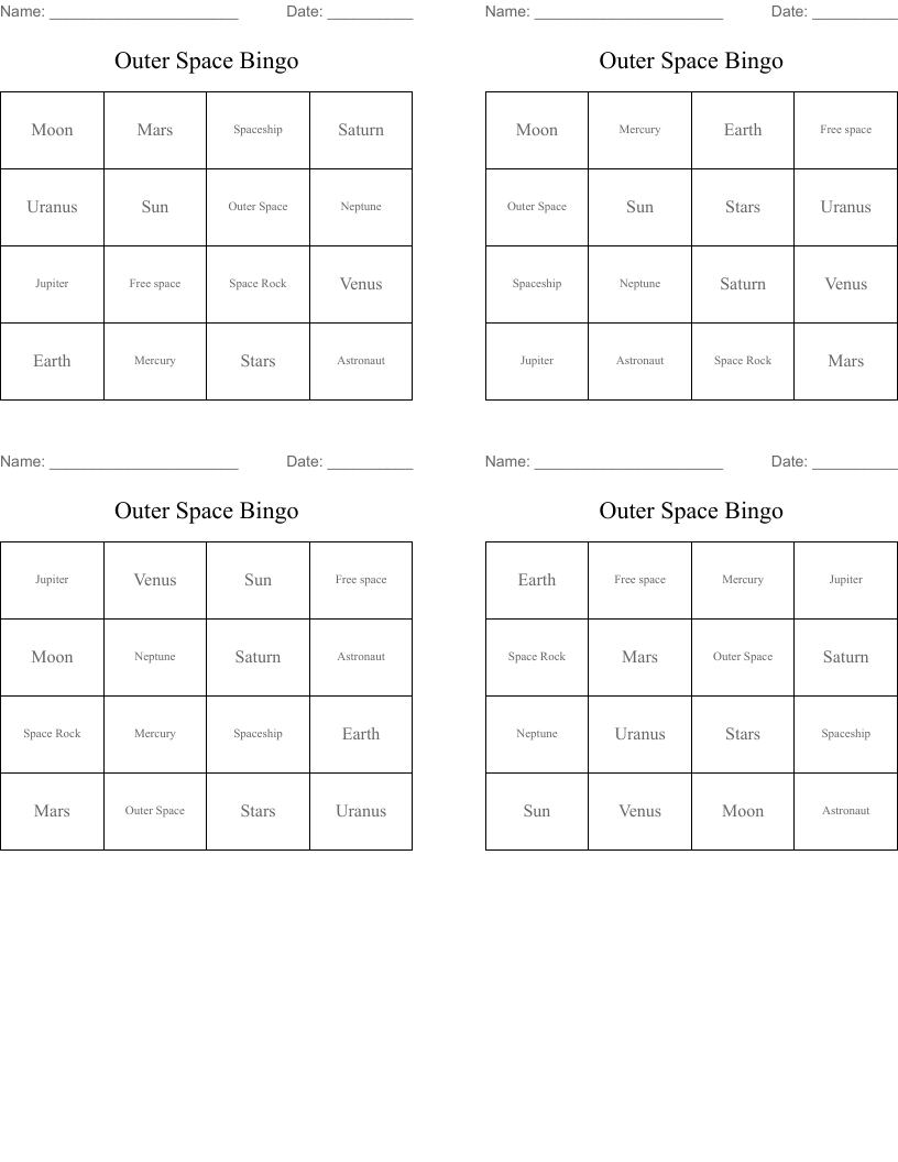 Outer Space Bingo