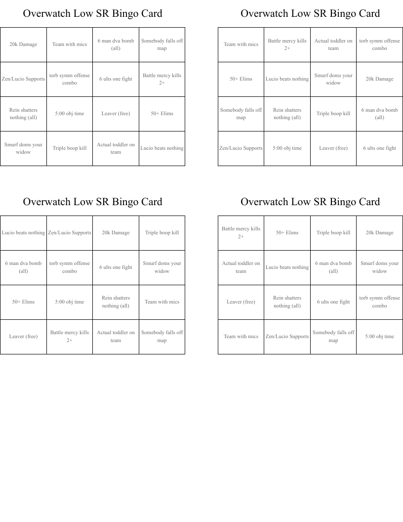 Overwatch Low SR Bingo Card