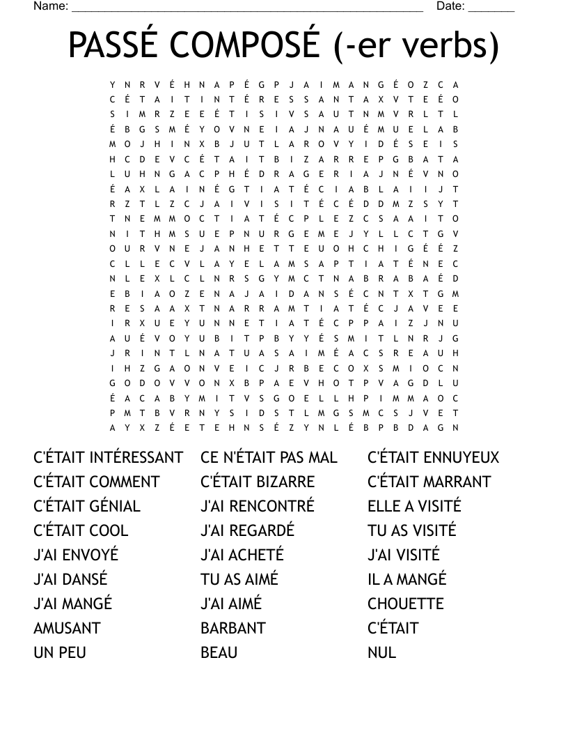PASSÉ COMPOSÉ (-er verbs) Word Search