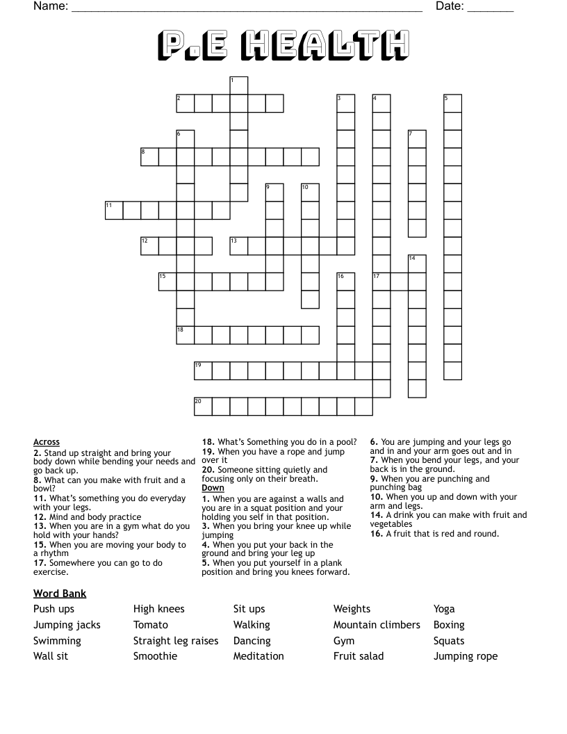 P.E Health Crossword