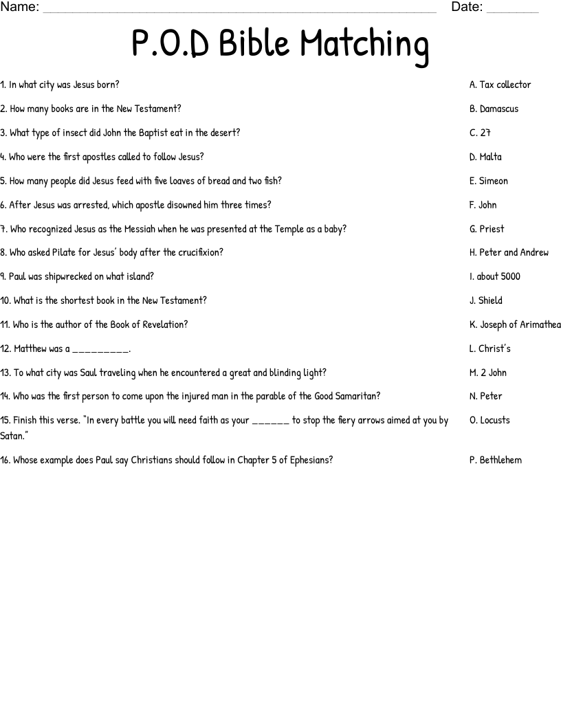 P.O.D Bible Matching Worksheet