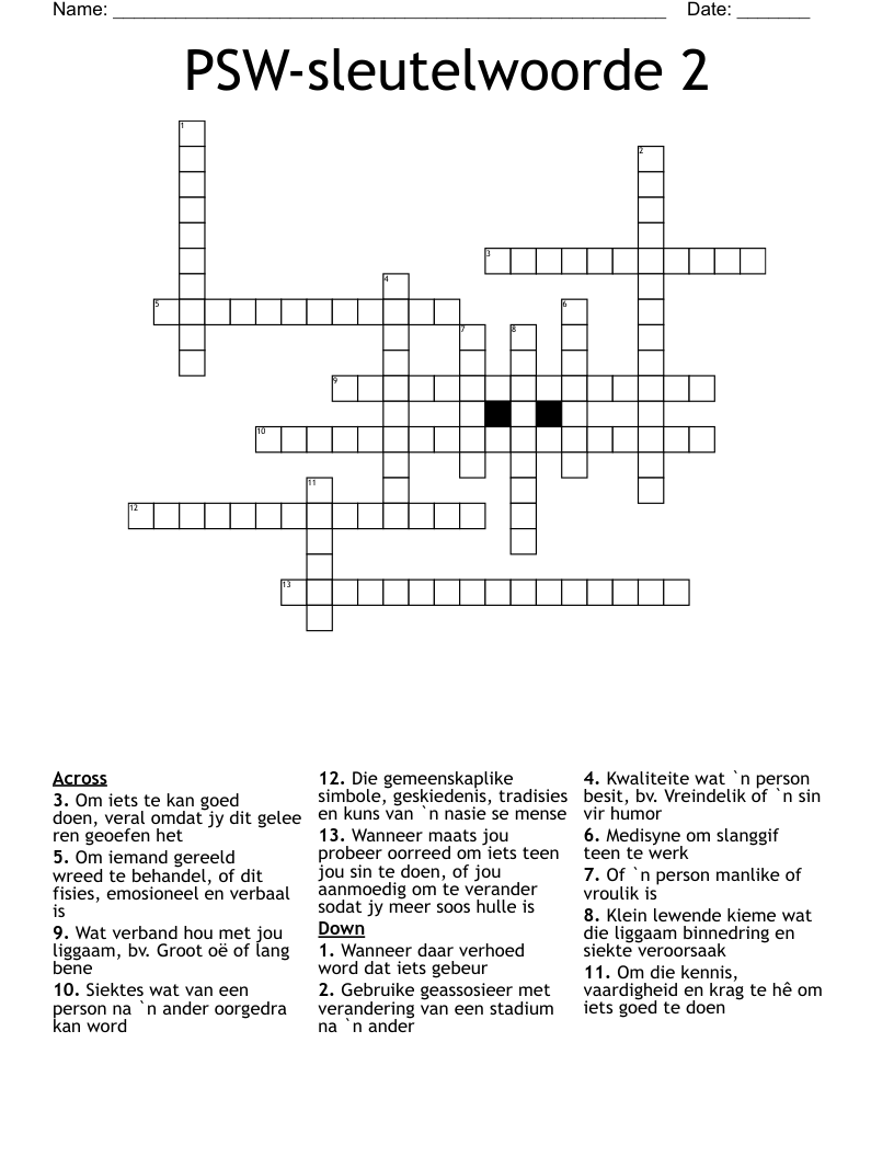 PSW-sleutelwoorde 2 Crossword