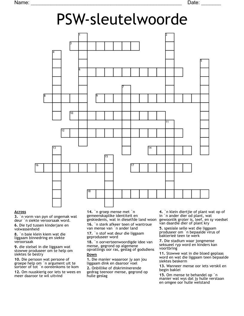 PSW-sleutelwoorde Crossword