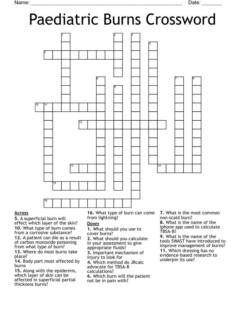 Paediatric Burns Crossword