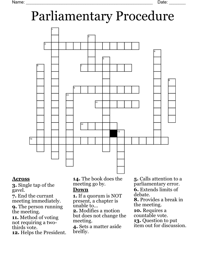 Parliamentary Procedure Crossword