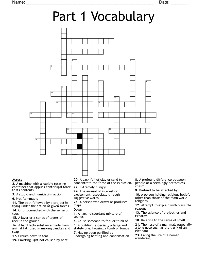 Part 1 Vocabulary Crossword