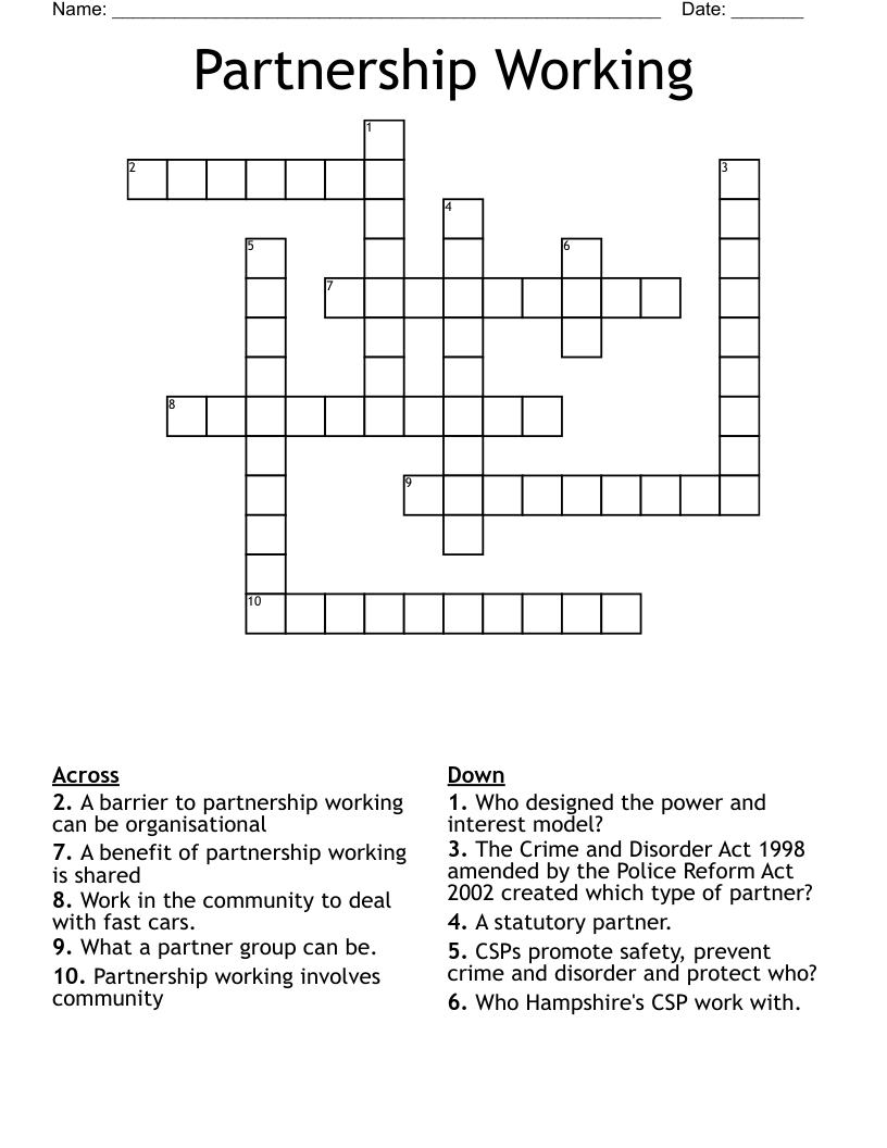 Partnership Working Crossword