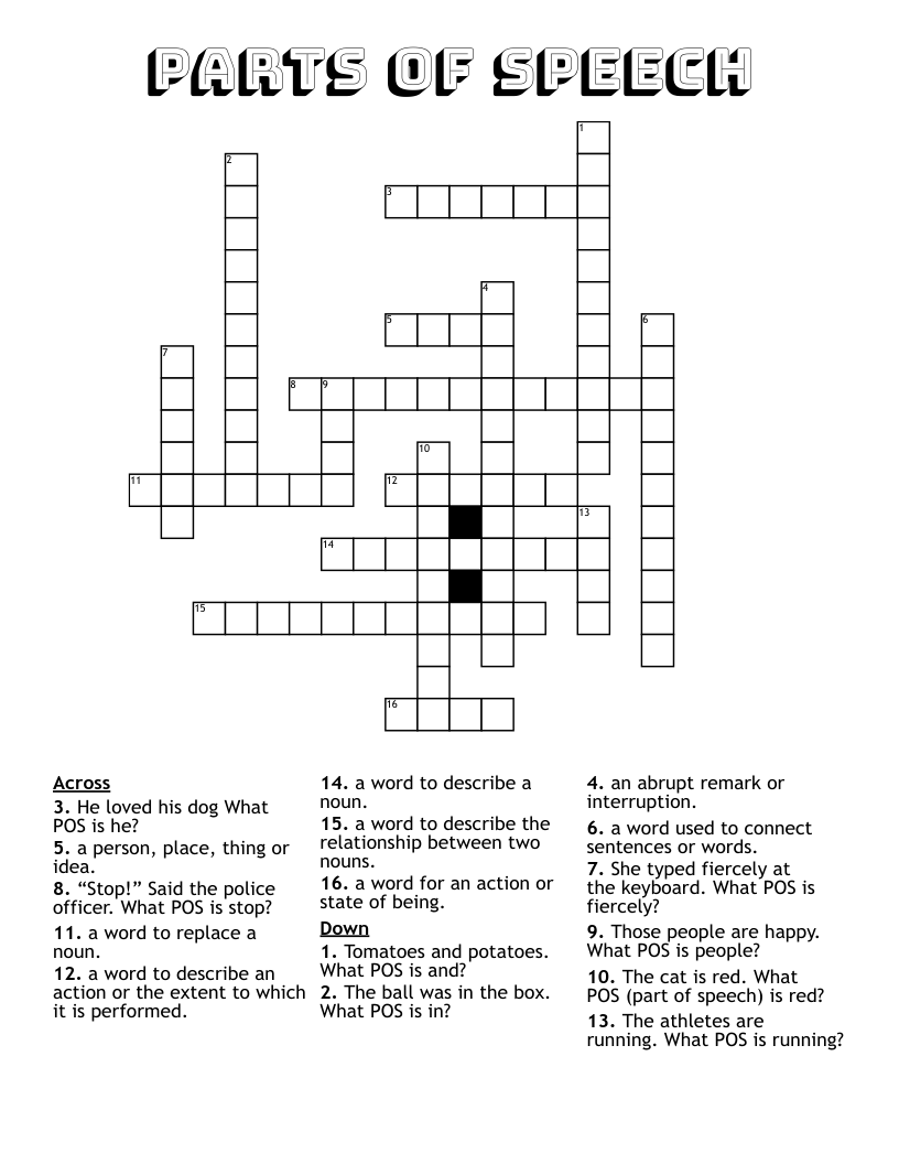 Parts of Speech Crossword