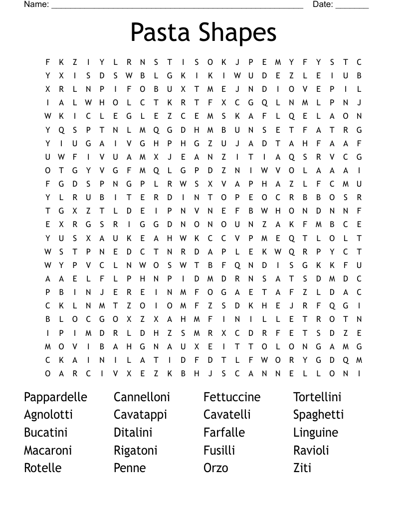Pasta Shapes Word Search