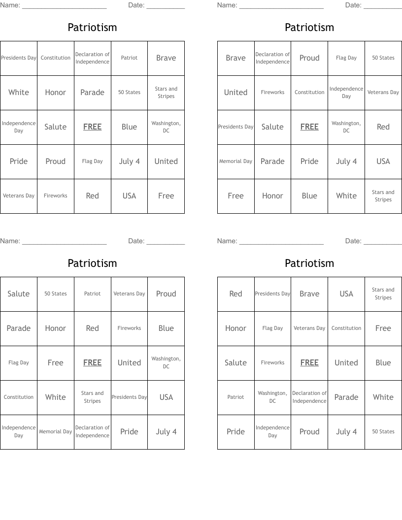 Patriotism Bingo Cards