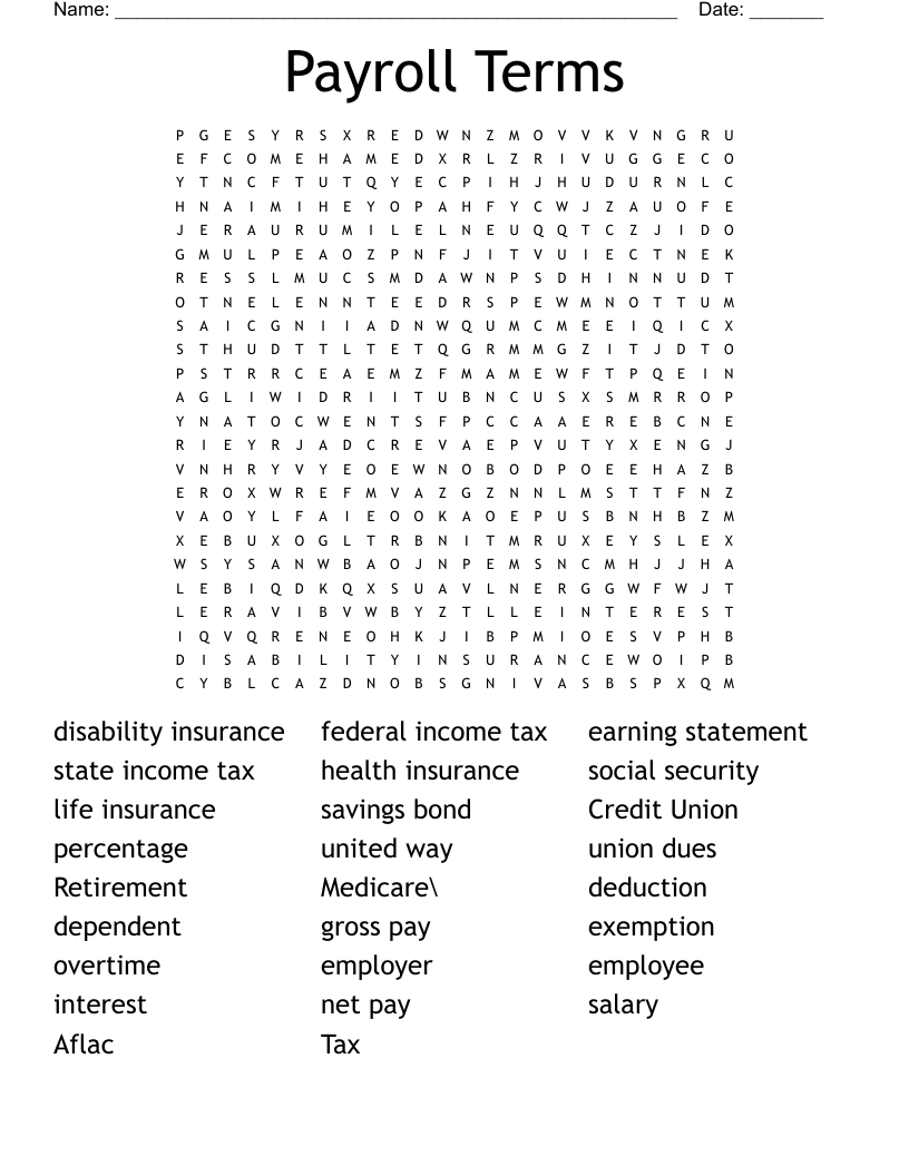 Payroll Terms Word Search
