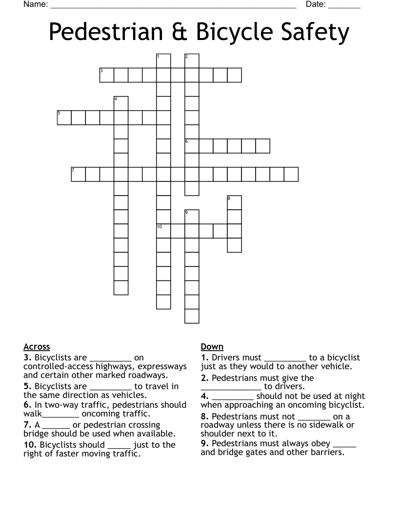  Pedestrian & Bicycle Safety  Crossword