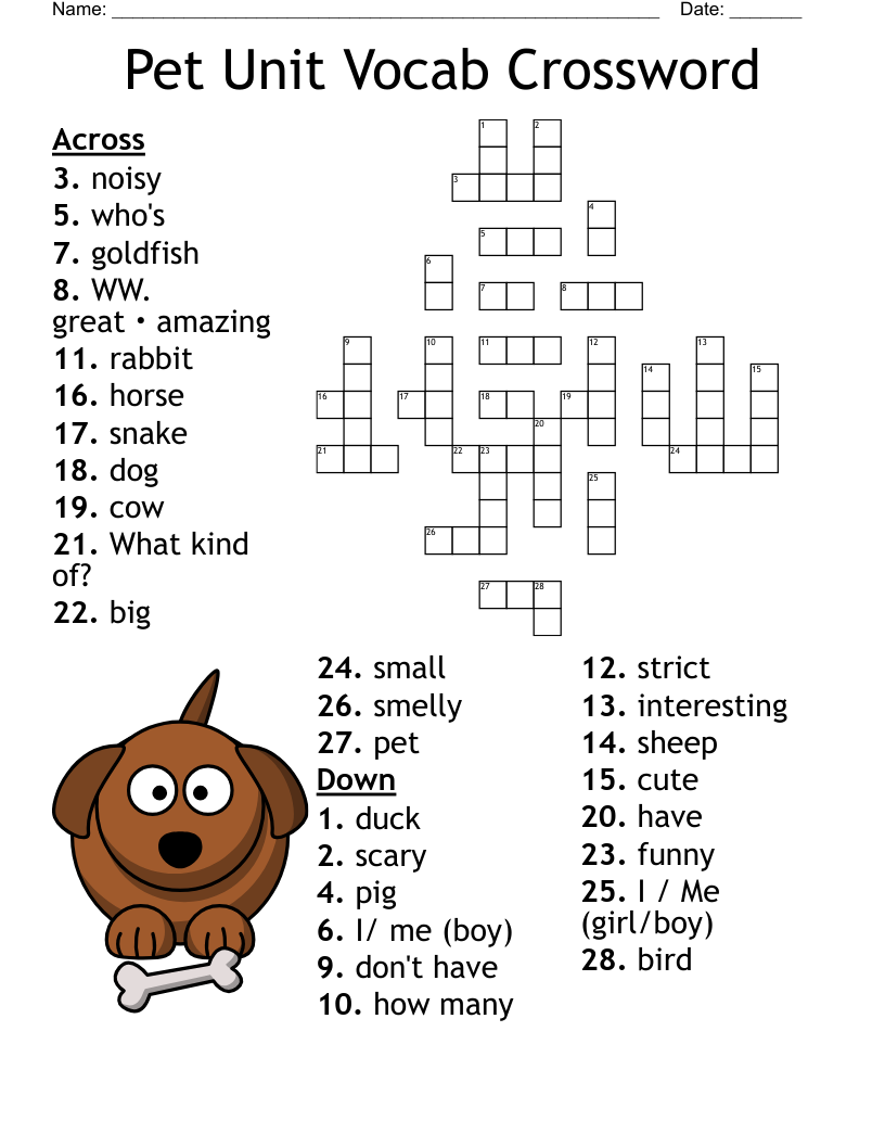 Pet Unit Vocab Crossword