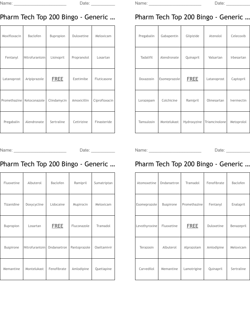 Pharm Tech Top 200 Bingo - Generic Pt. 1