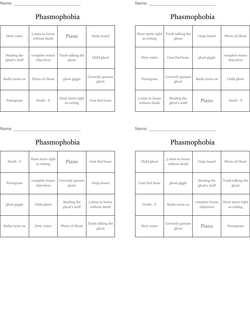 Phasmophobia Bingo Cards