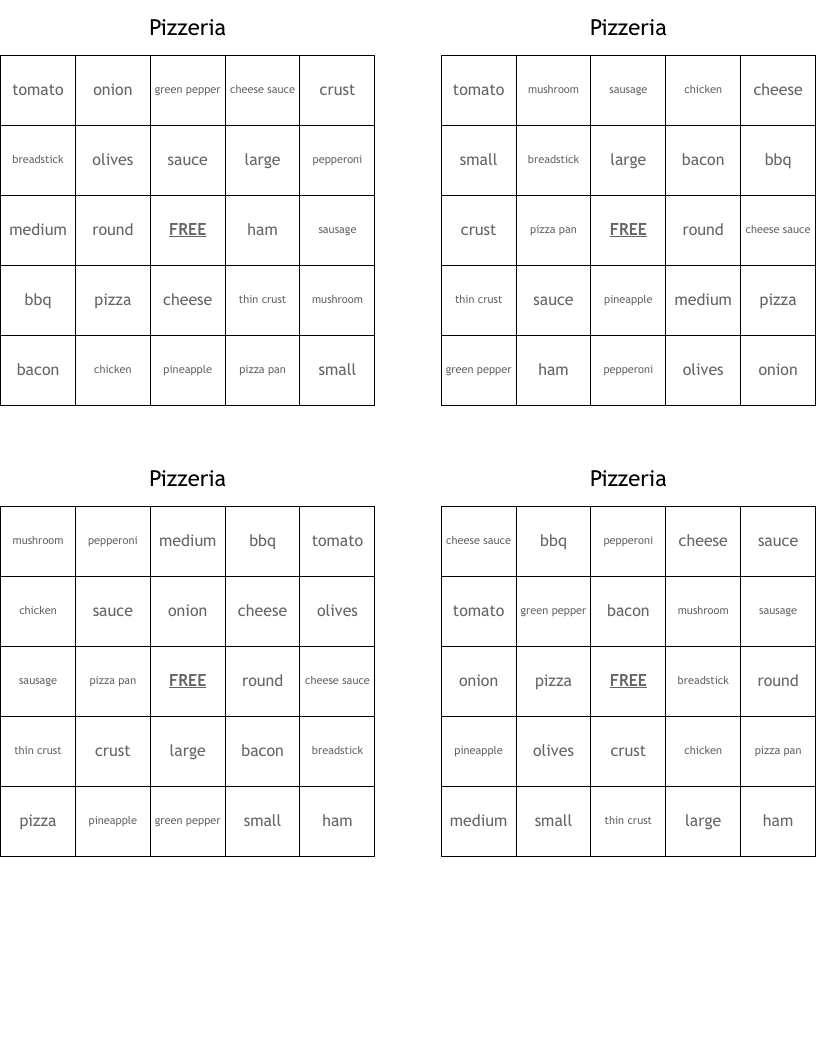 Pizzeria Bingo Cards