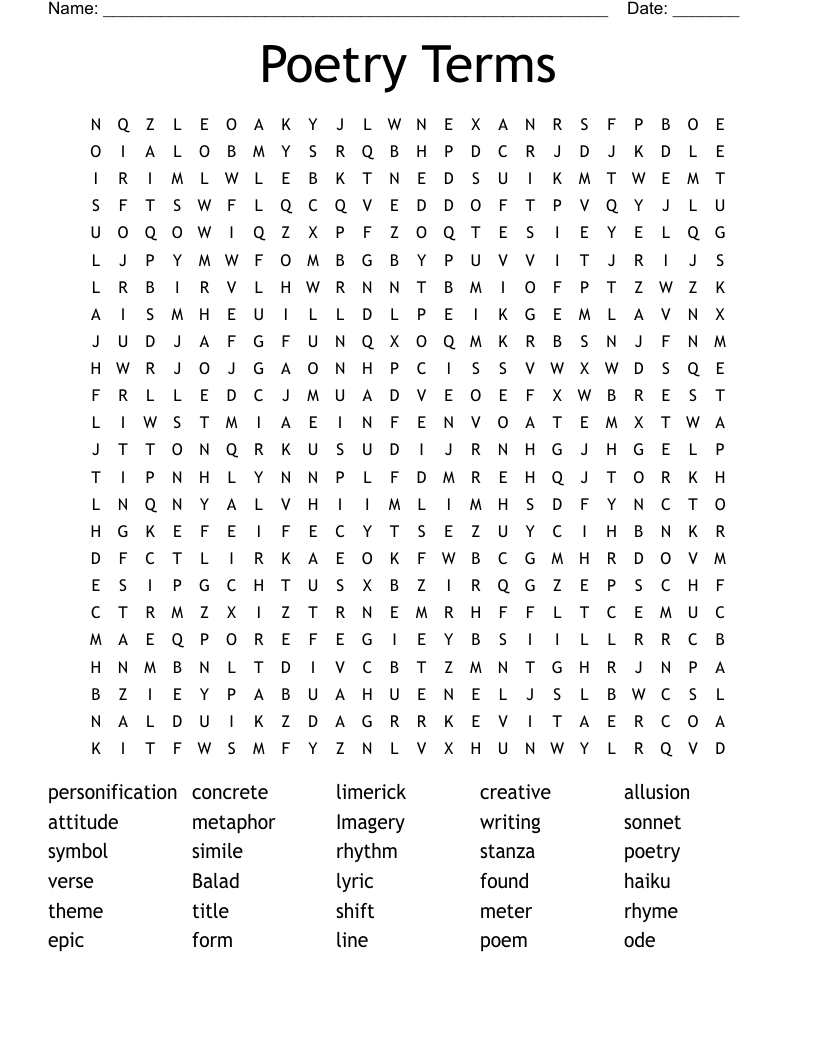 Poetry Terms Word Search