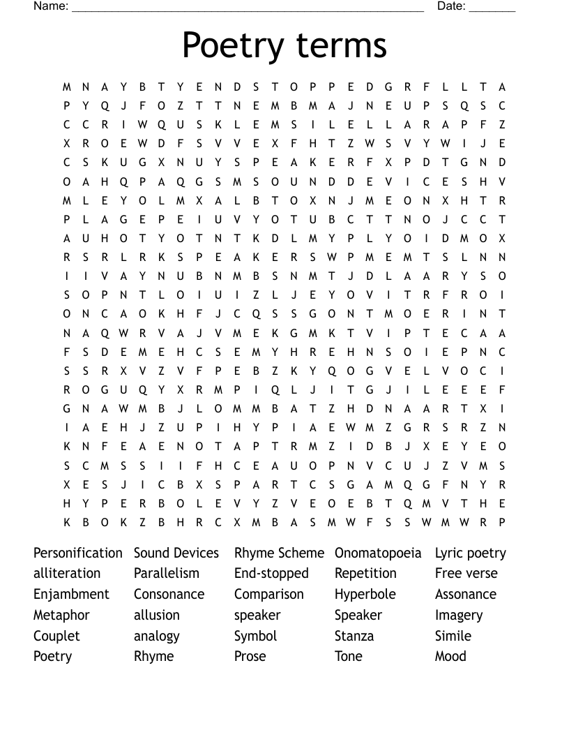 Poetry terms Word Search