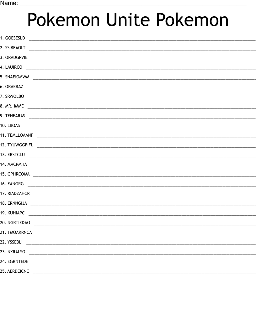 Pokemon Unite Pokemon Word Scramble