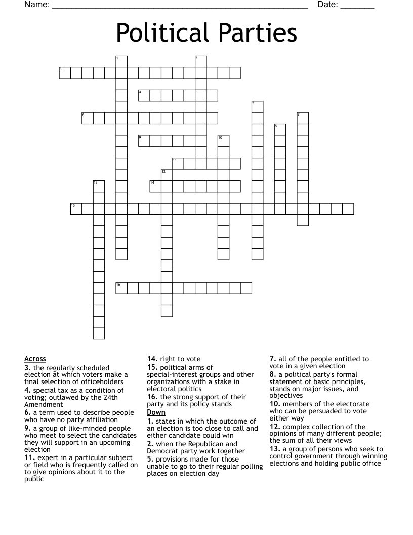 Political Parties Crossword