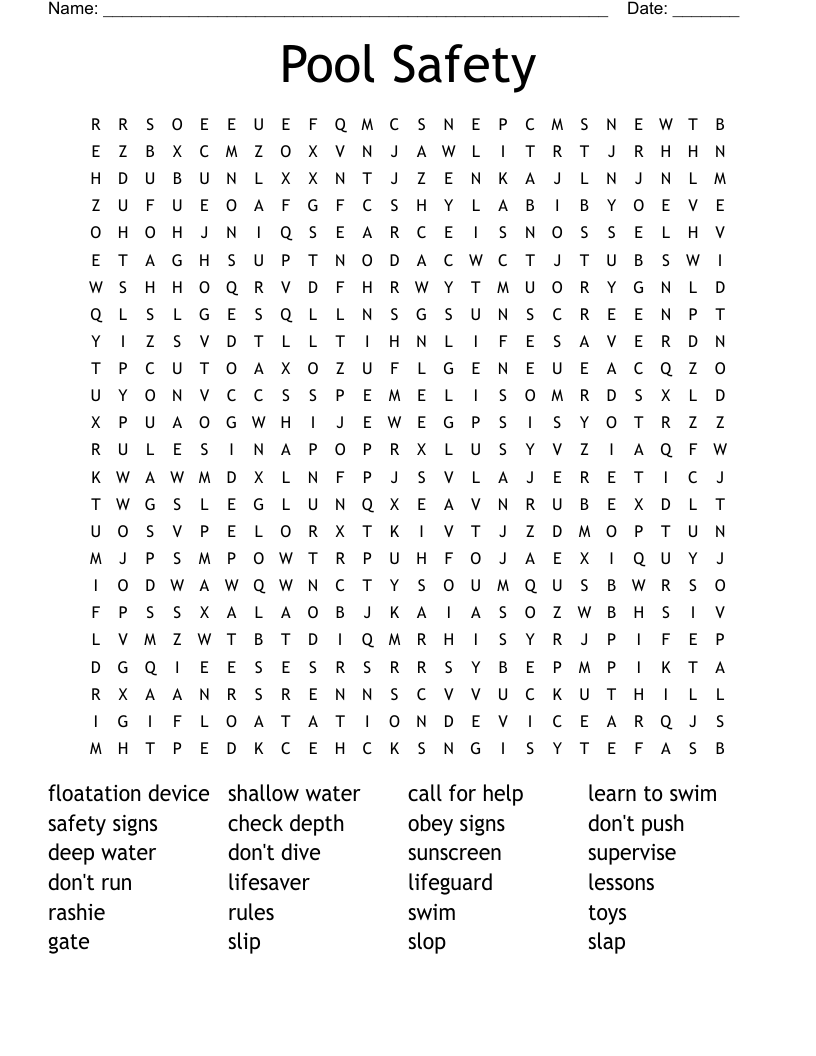 Pool Safety Word Search
