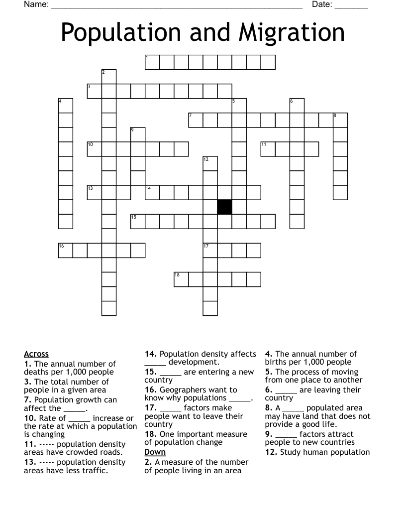Population and Migration Crossword