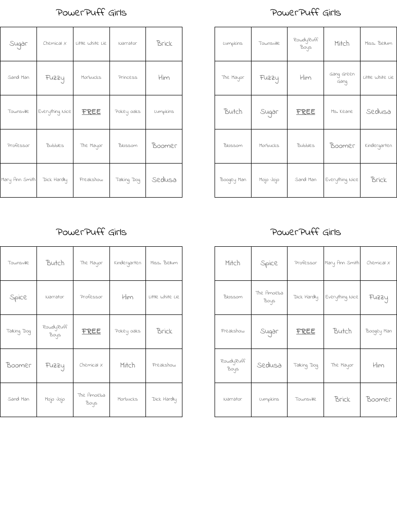 PowerPuff Girls Bingo Cards